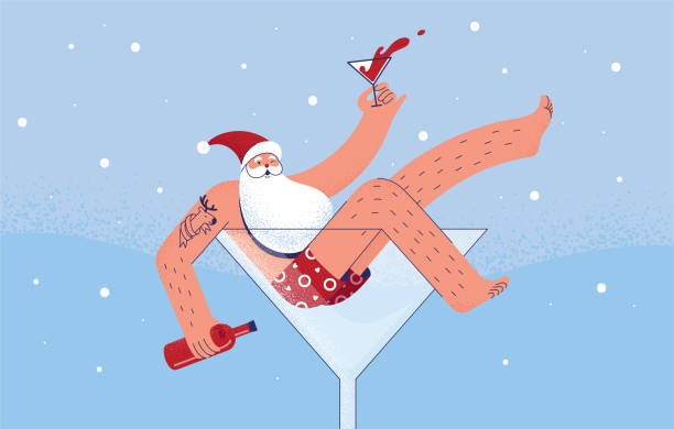 Illustration of Santa relaxing in a giant cocktail glass